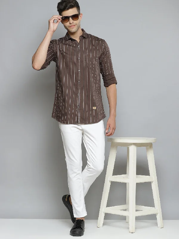 Breathable Men's Linen ShirtsMen Brown  White Striped Smart Slim Fit Opaque Casual Shirt