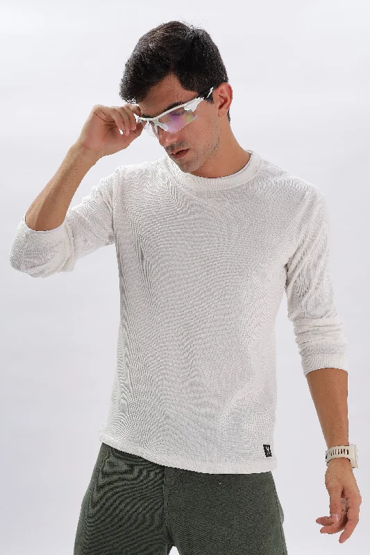 Men's Shirts with Embellished CollarsKnitted Full Sleeve T-Shirt: White
