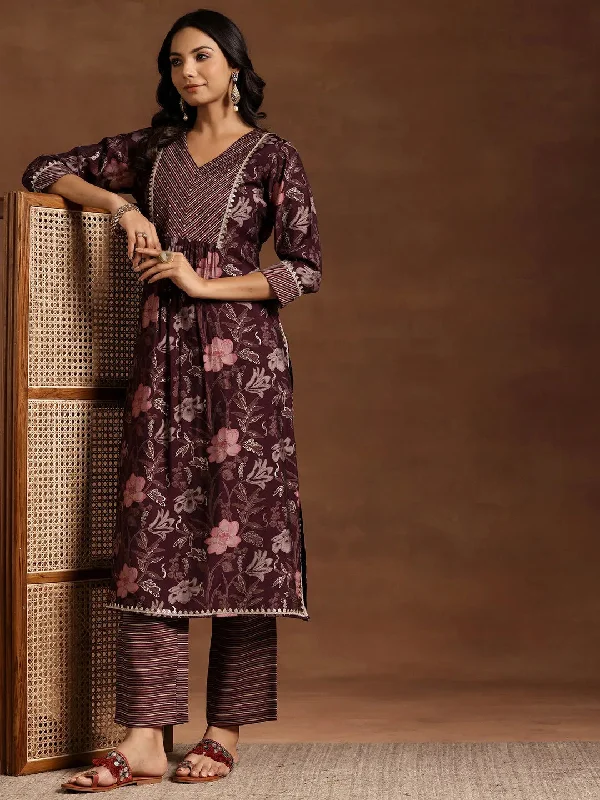 Wine Printed Silk Blend Straight Kurta Set