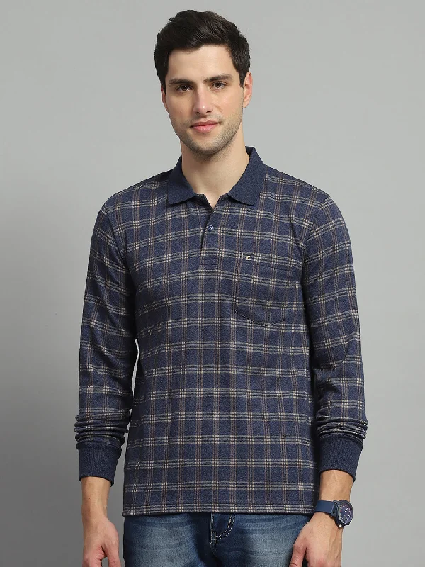 Men's Shirts with UV ProtectionMen Blue Check Collar Full Sleeve Winter T-Shirt