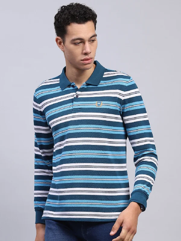 Men's Shirts with High NecksMen Blue Stripe Collar Full Sleeve Winter T-Shirt