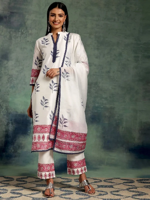 White Printed Chanderi Silk Straight Suit With Dupatta