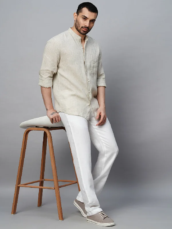 Men's Pants with Contrast Fabric PanelsMen's White 100% Linen Regular Fit Pant