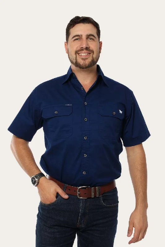 Men's Checked Short-Sleeve Shirts for Summer FunLake Argyle Mens Short Sleeve Full Button Work Shirt - Navy