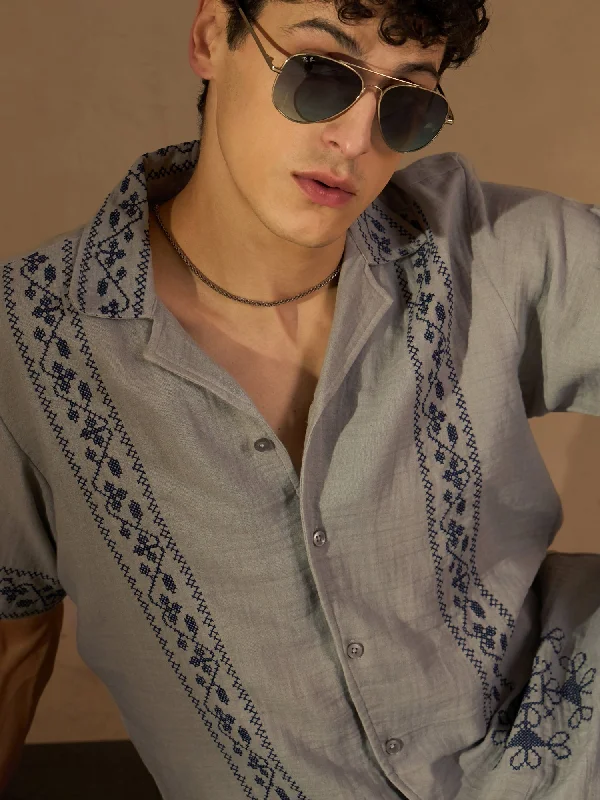 Durable Men's Work ShirtsMuslin Double Gauze Embroidery Shirt