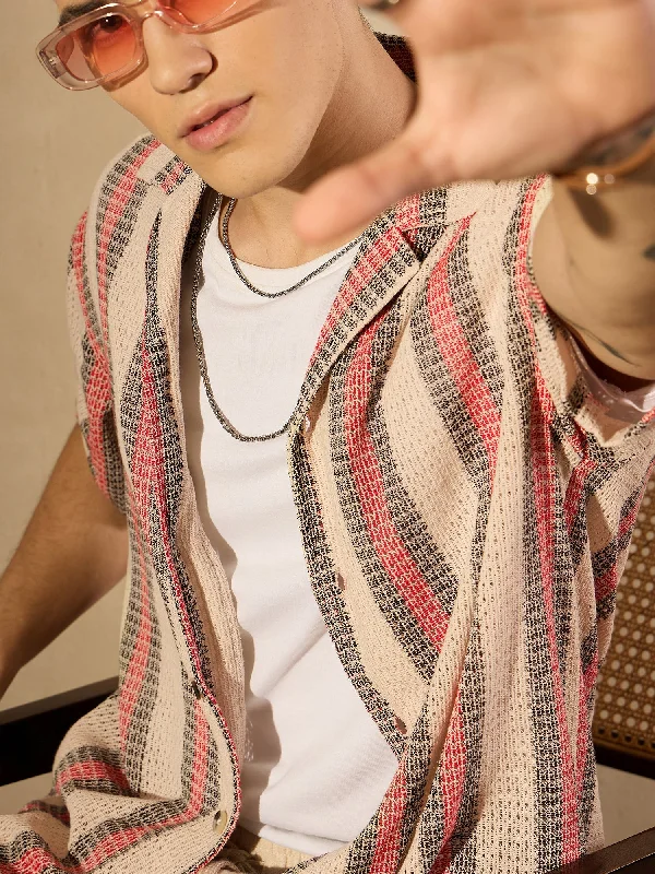 Men's French-Cuff Shirts for a Sophisticated EdgeStriped Drop Shoulder Oversized Crochet Shirt