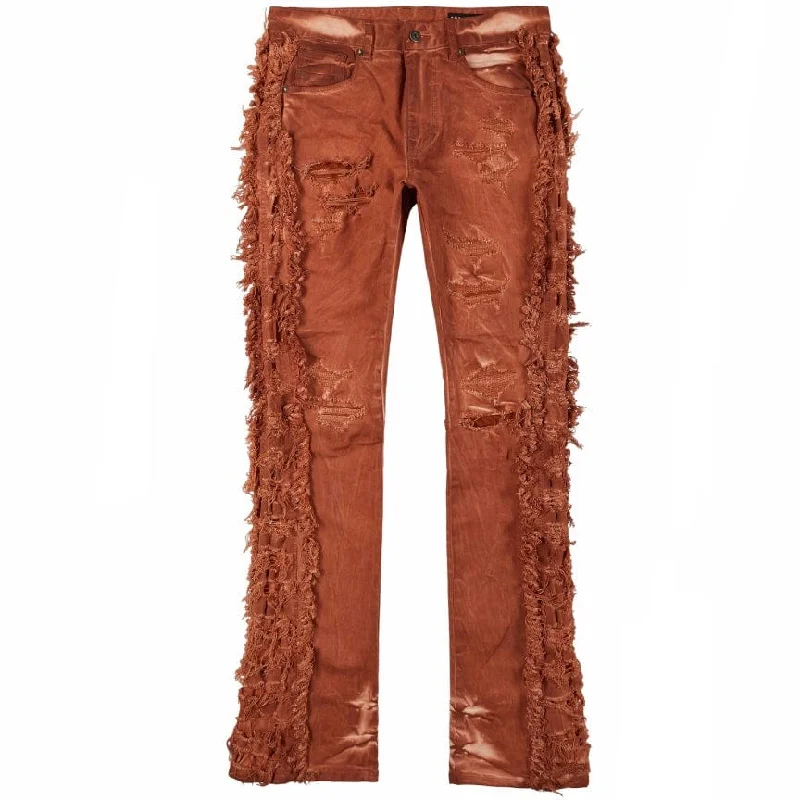 Men's Pants with Stretchable Fabric for FlexibilitySmoke Rise Frayed Stacked Denim Jeans (Rust) JP23642