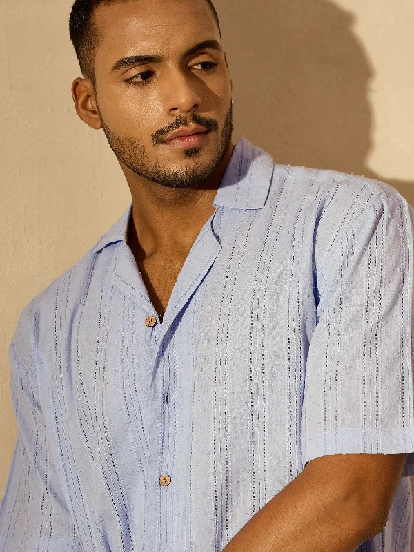 Men's Dressy Button-Down Shirts for Formal OccasionsSky Blue Vertical Striped Semi Sheer Oversized Shirt