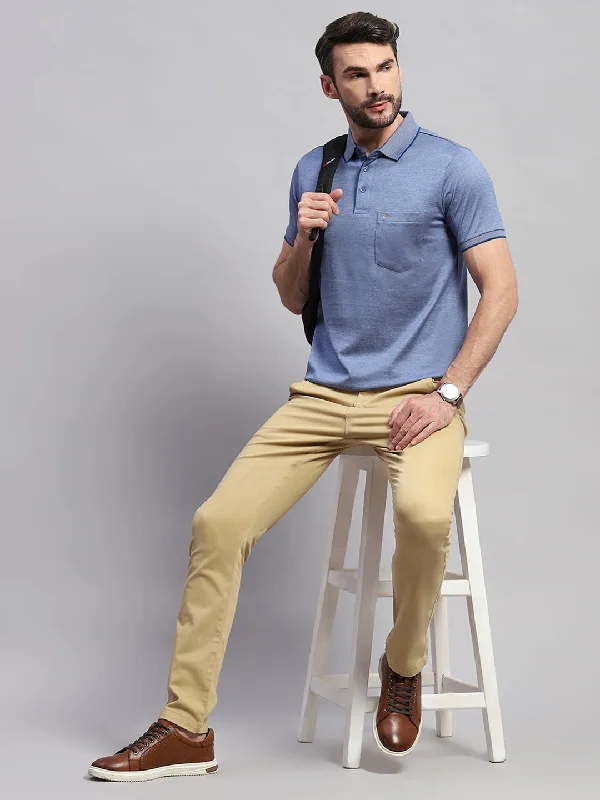 Men's Shirts with Surplice HemlinesMen Blue Solid Collar Half Sleeve T-Shirt