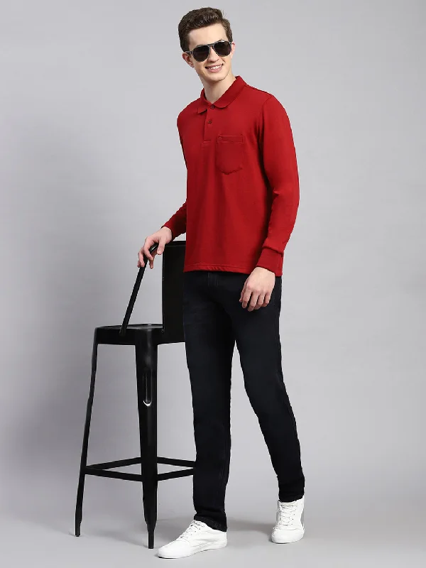 Men's Shirts with French CuffsMen Maroon Plain Winter T-Shirt