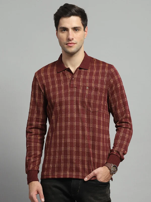 Men's Shirts with Moisture-Wicking FabricMen Rust Check Collar Full Sleeve Winter T-Shirt