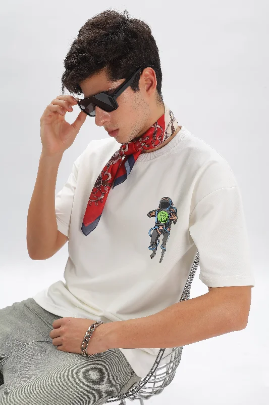 Men's Shirts with Appliqué DetailsCosmic Journey Drop Shoulder T-Shirt - White