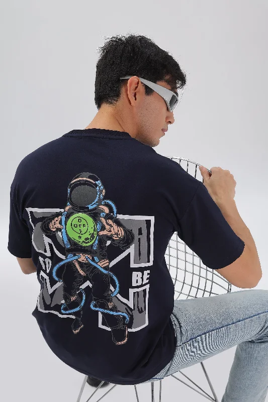 Stylish Men's HenleysCosmic Journey Drop Shoulder T-Shirt: Navy Blue