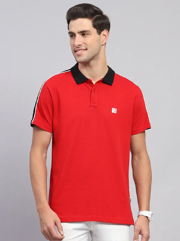 Men's Shirts with Button-Down CollarsMen Red Solid Collar Half Sleeve T-Shirt