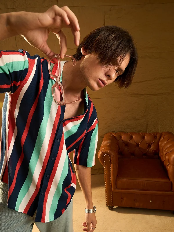 Men's Long-Sleeve Shirts for Year-Round WearStripes Printed Drop Shoulder Oversized Rayon Shirt