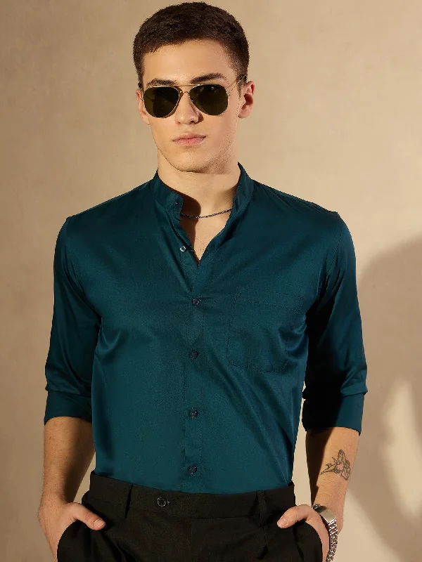 Men's Scoop Neck T-Shirts for a Relaxed FeelTeal Blue Mandarin Collar Casual Shirt
