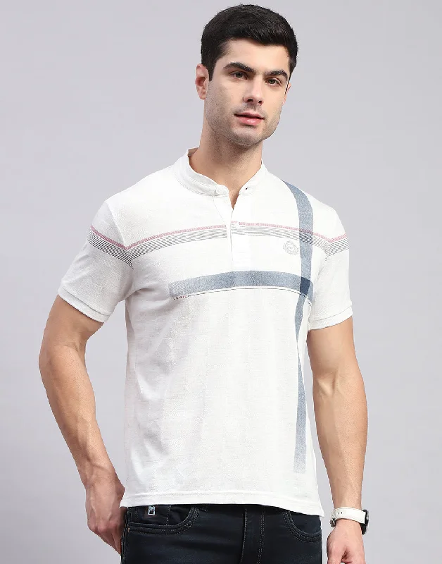 Men's Shirts with Wingtip CollarsMen White Printed Mandarin Collar Half Sleeve T-Shirt
