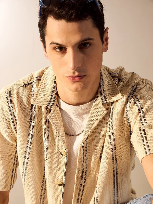 Men's Machine-Washable Shirts for ConvenienceBeige & Black: Striped Oversized Crochet Shirt