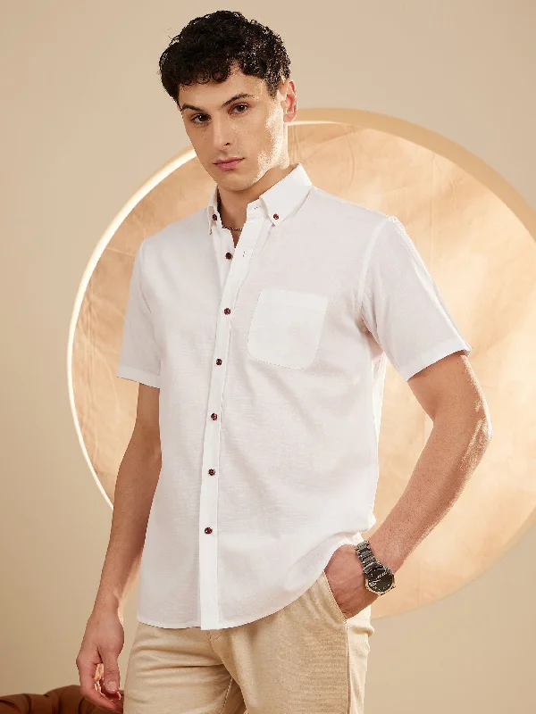 Men's Patterned Casual Shirts for Relaxed StylingMen White Smart Slim Fit Solid Cotton Linen Casual Shirt