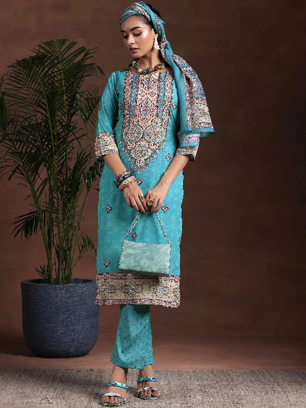 Blue Printed Poly Crepe Straight Suit With Dupatta