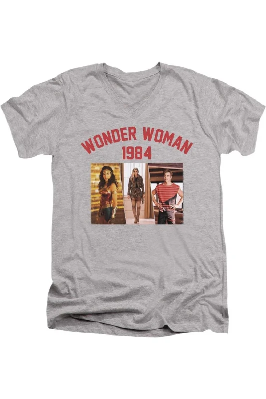 Men's Shirts with Velcro ClosuresWonder Woman 84 Collegiate Montage Short Sleeve Adult V Neck Premium Cotton Tee / T-Shirt