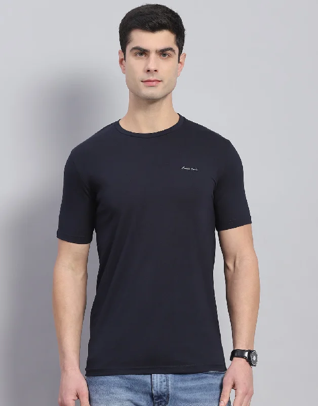 Men's Shirts with Full PlacketsMen Navy Blue Solid Round Neck Half Sleeve T-Shirt