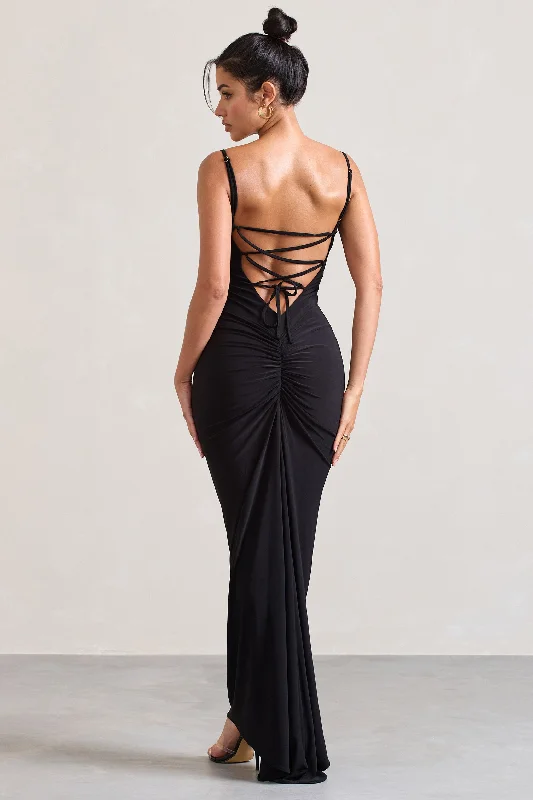 Camera One | Black Strappy Laced Bodycon Maxi Dress