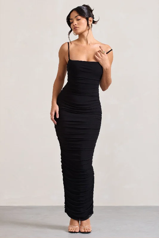 Ellis | Black Ruched Mesh Strappy Bodycon Maxi Dress