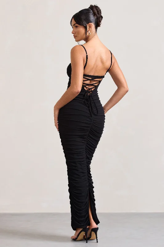 Ellis | Black Ruched Mesh Strappy Bodycon Maxi Dress