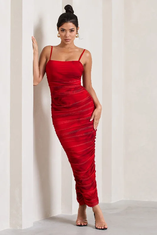 Ellis | Red Rose Print Ruched Mesh Strappy Bodycon Maxi Dress