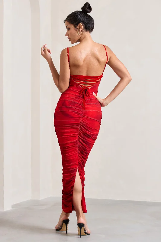 Ellis | Red Rose Print Ruched Mesh Strappy Bodycon Maxi Dress