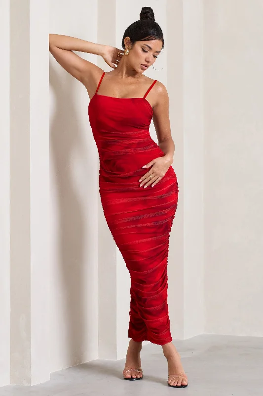 Ellis | Red Rose Print Ruched Mesh Strappy Bodycon Maxi Dress