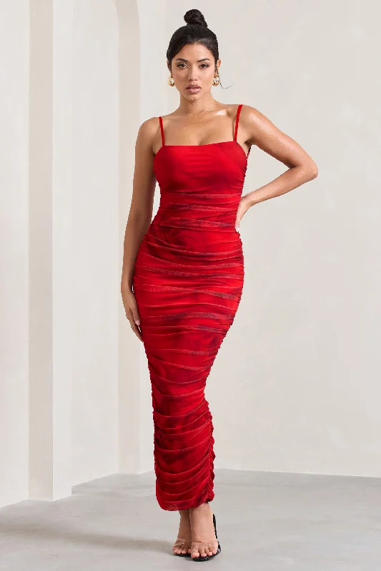 Ellis | Red Rose Print Ruched Mesh Strappy Bodycon Maxi Dress