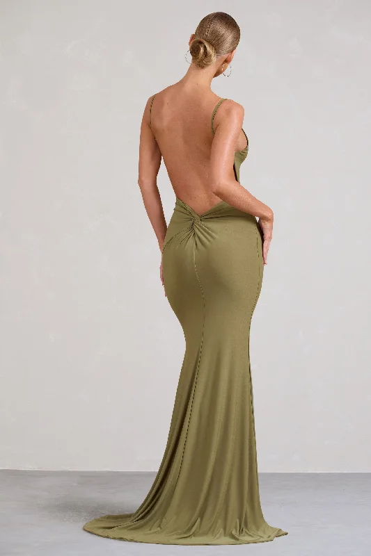 Endless Love | Olive Backless Knot Detail Fishtail Maxi Dress