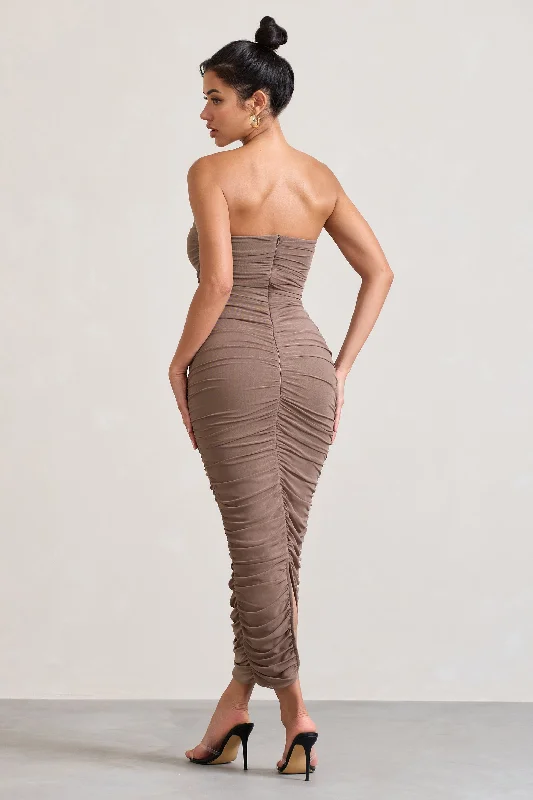 My Lady | Mocha Strapless Bodycon Ruched Mesh Maxi Dress