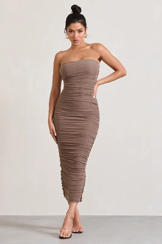 My Lady | Mocha Strapless Bodycon Ruched Mesh Maxi Dress