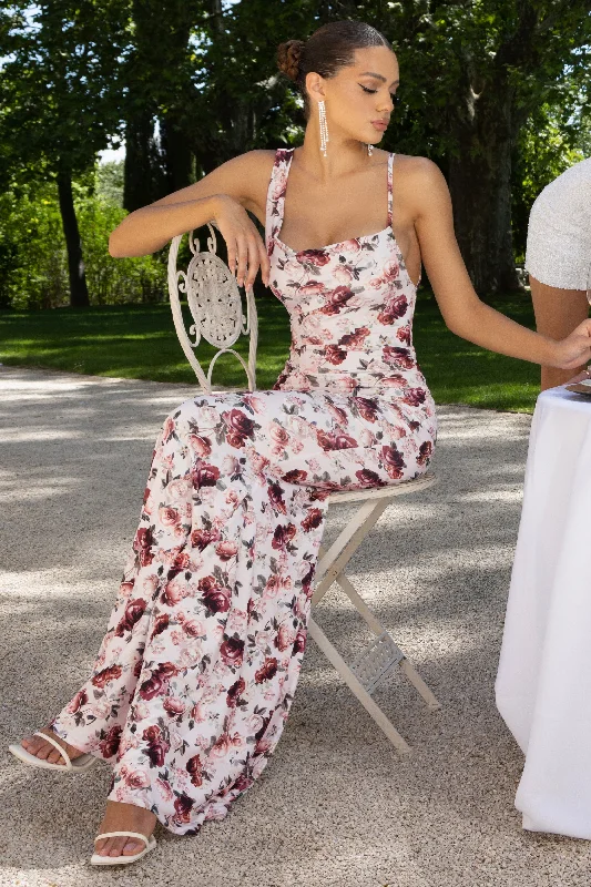 Phantasy | White Floral Print Asymmetric Neckline Cowl Maxi Dress