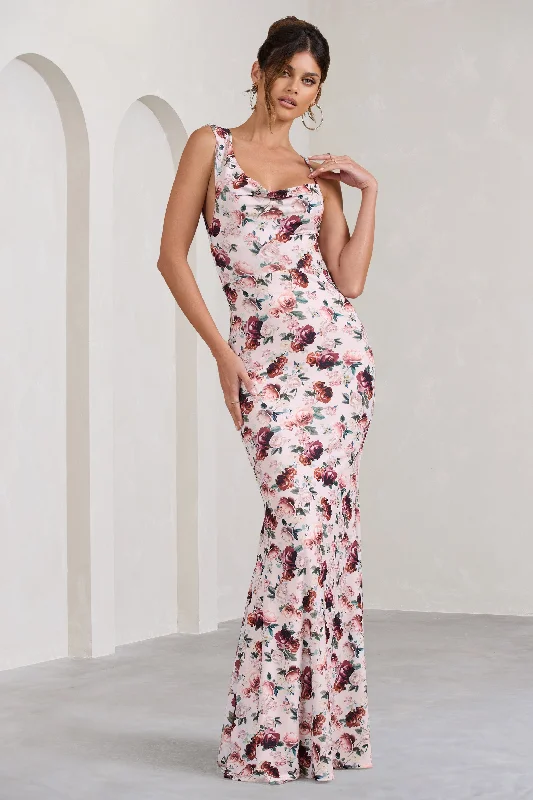 Phantasy | White Floral Print Asymmetric Neckline Cowl Maxi Dress