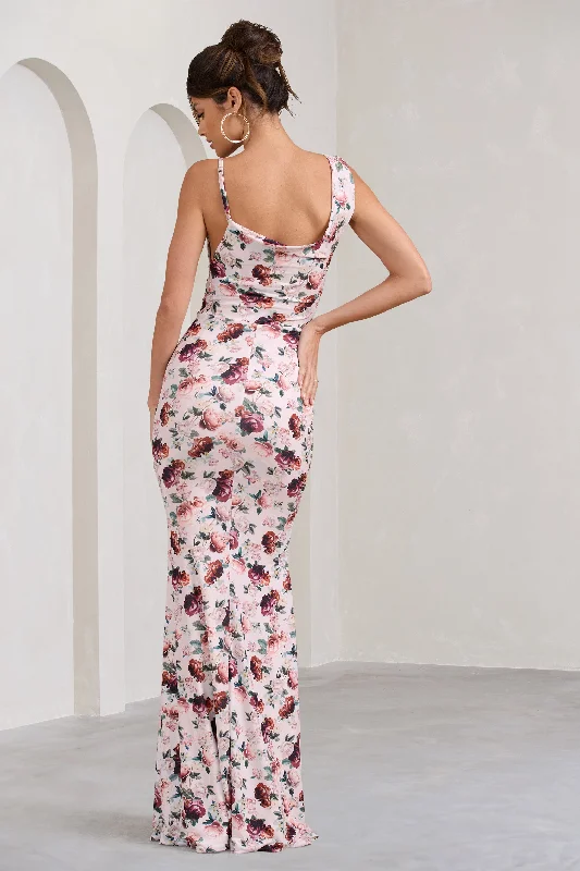 Phantasy | White Floral Print Asymmetric Neckline Cowl Maxi Dress