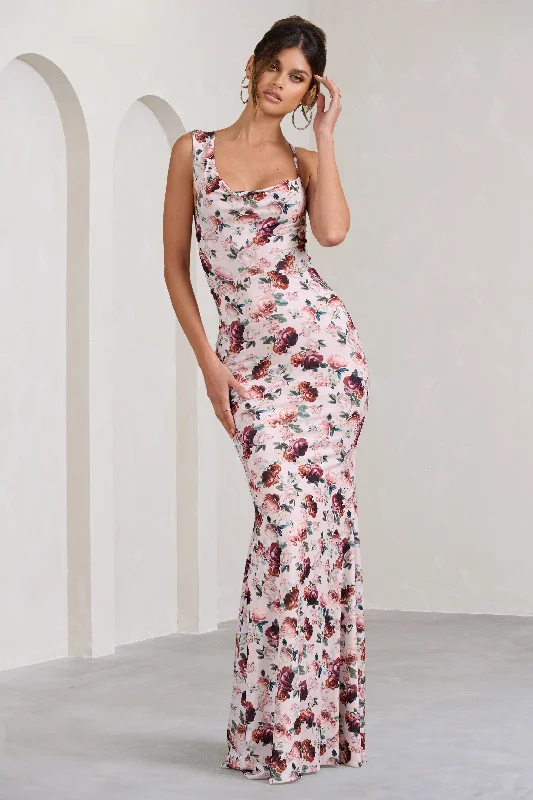 Phantasy | White Floral Print Asymmetric Neckline Cowl Maxi Dress