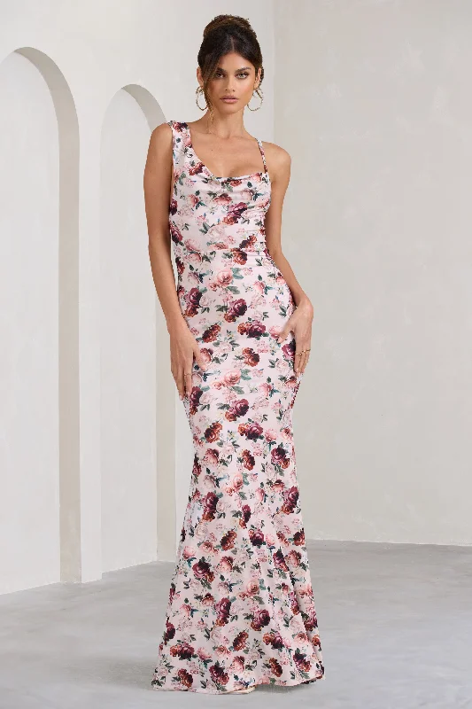 Phantasy | White Floral Print Asymmetric Neckline Cowl Maxi Dress