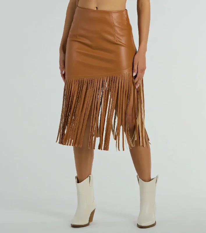 Country Songs Fringe Faux Leather Midi Skirt