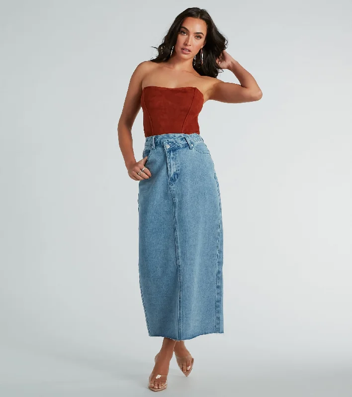 Girl Next Door Asymmetrical Waist Denim Midi Skirt