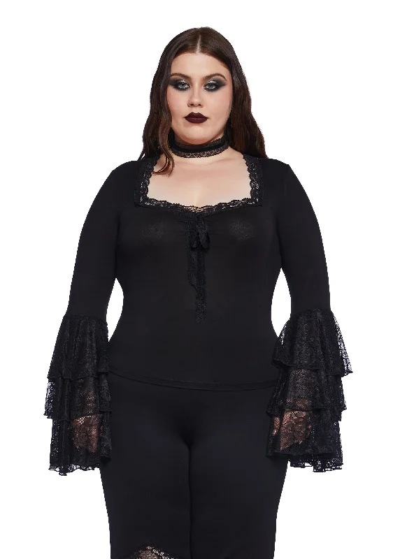 Plus Melancholy Lace Long Sleeve Top - Black