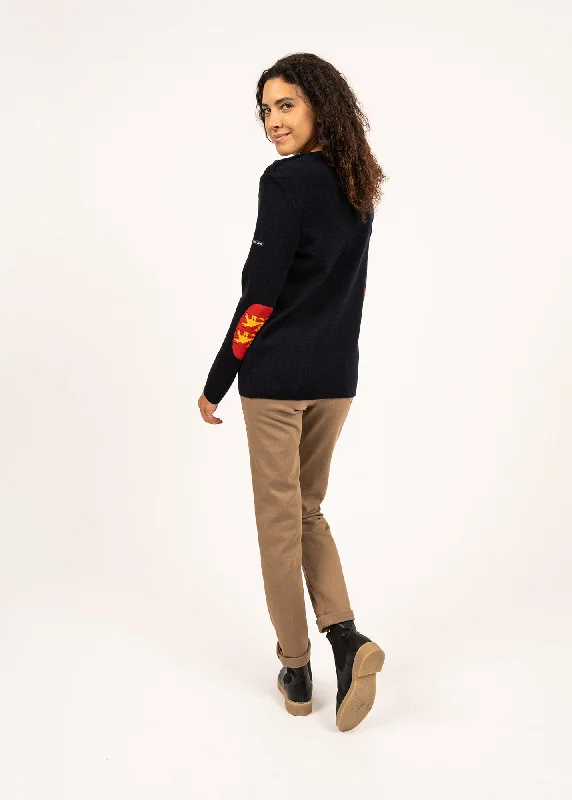 Brégançon Normandy jumper - in wool, with contrasting elbow patches (NAVY/MULTICO)