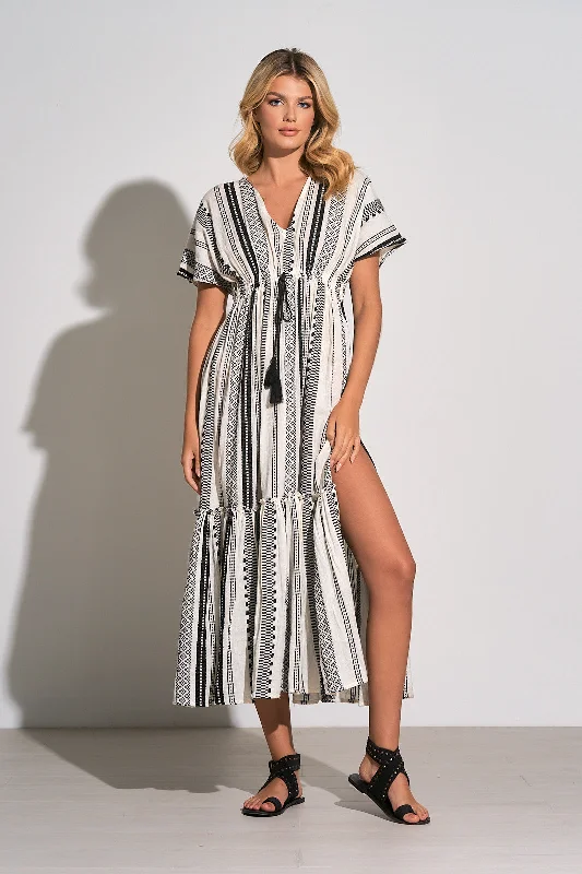 Jacquard Stripe Short Sleeve Ruffle Maxi Dress