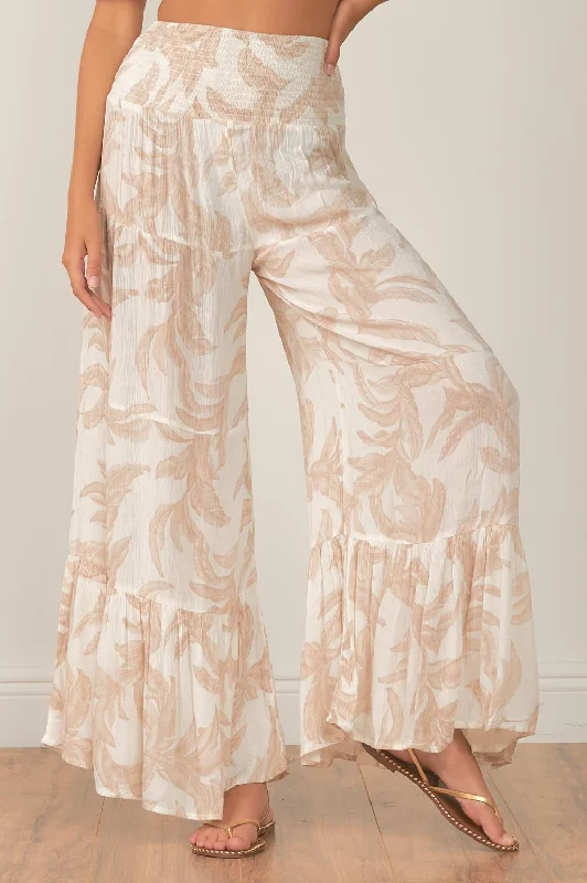 Palm Print Smocked Ruffle Wide Leg Pant