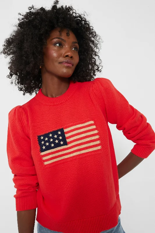 Red Cropped Puff Sleeve Americana Sweater