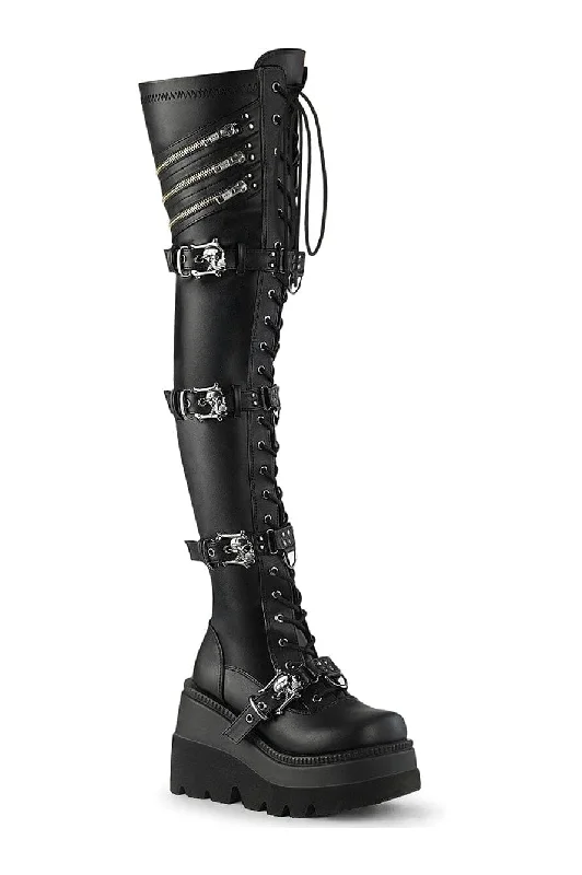 SHAKER-420 Black Vegan Leather Thigh Boot