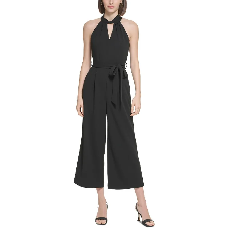 Petites Womens Keyhole Neckline Cropped Jumpsuit